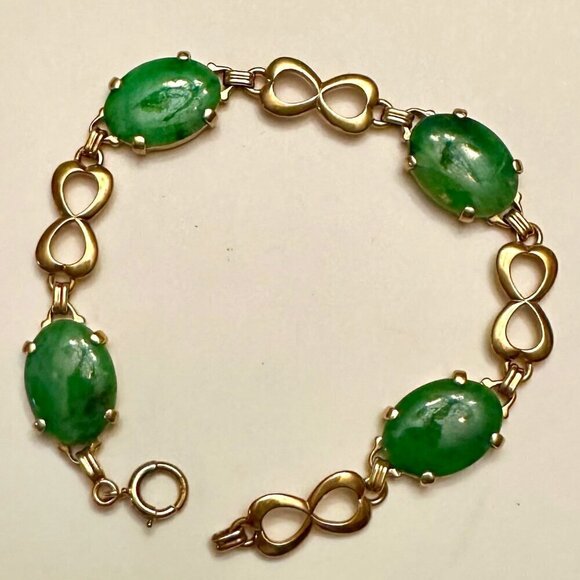 Antique Apple Green Oval Jade Cabochon 14Kt Gold Link Infinity Luck Bracelet - Picture 2 of 7